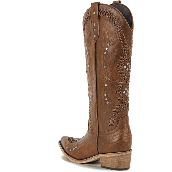 Women's Brown Leather Embroidery Knee High Western Cowgirl Boots Lightweight - Picture 6 of 6